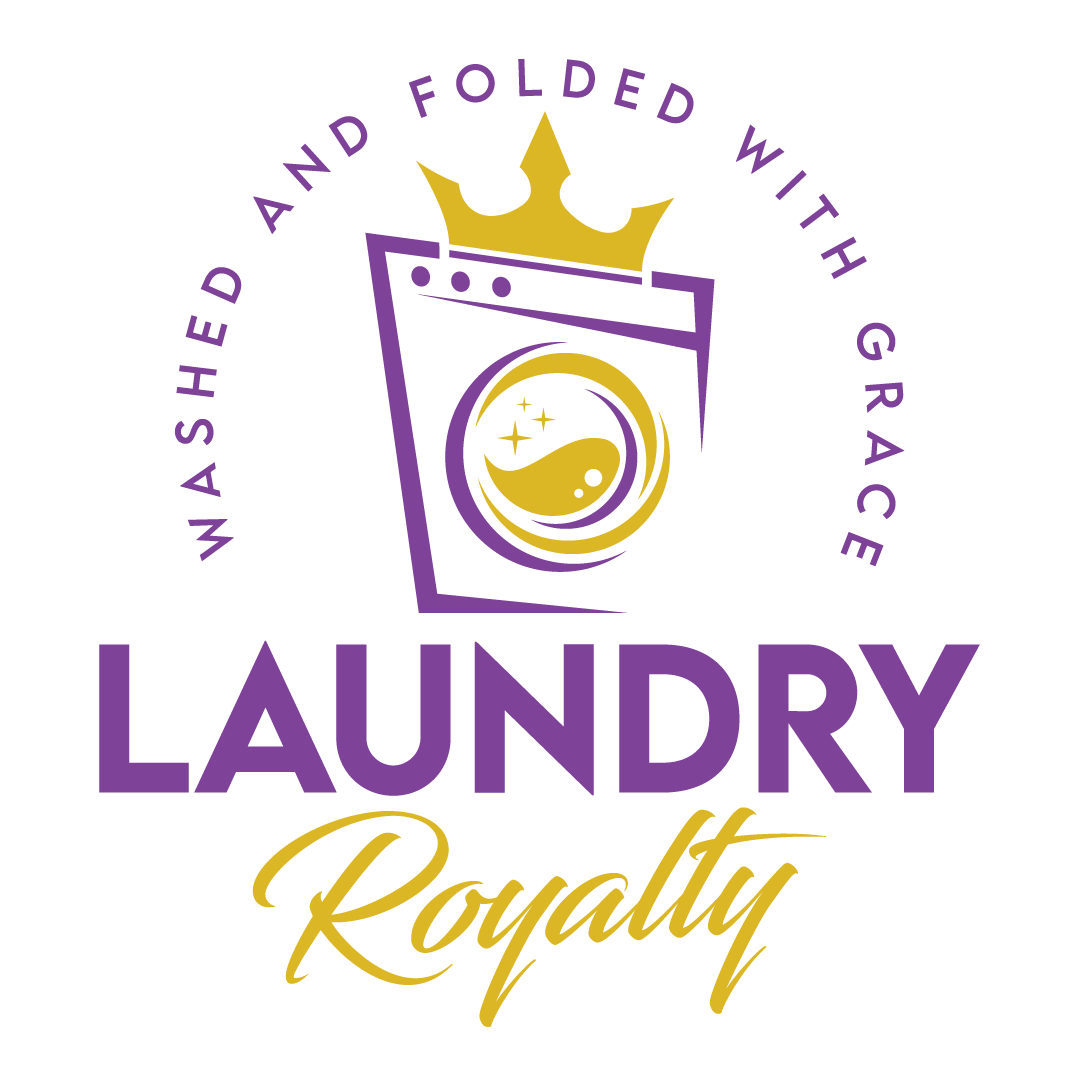 Laundry Royalty NJ Logo - a purple outlined illustration of a front loading washer with golden laundry inside and a golden crown on top